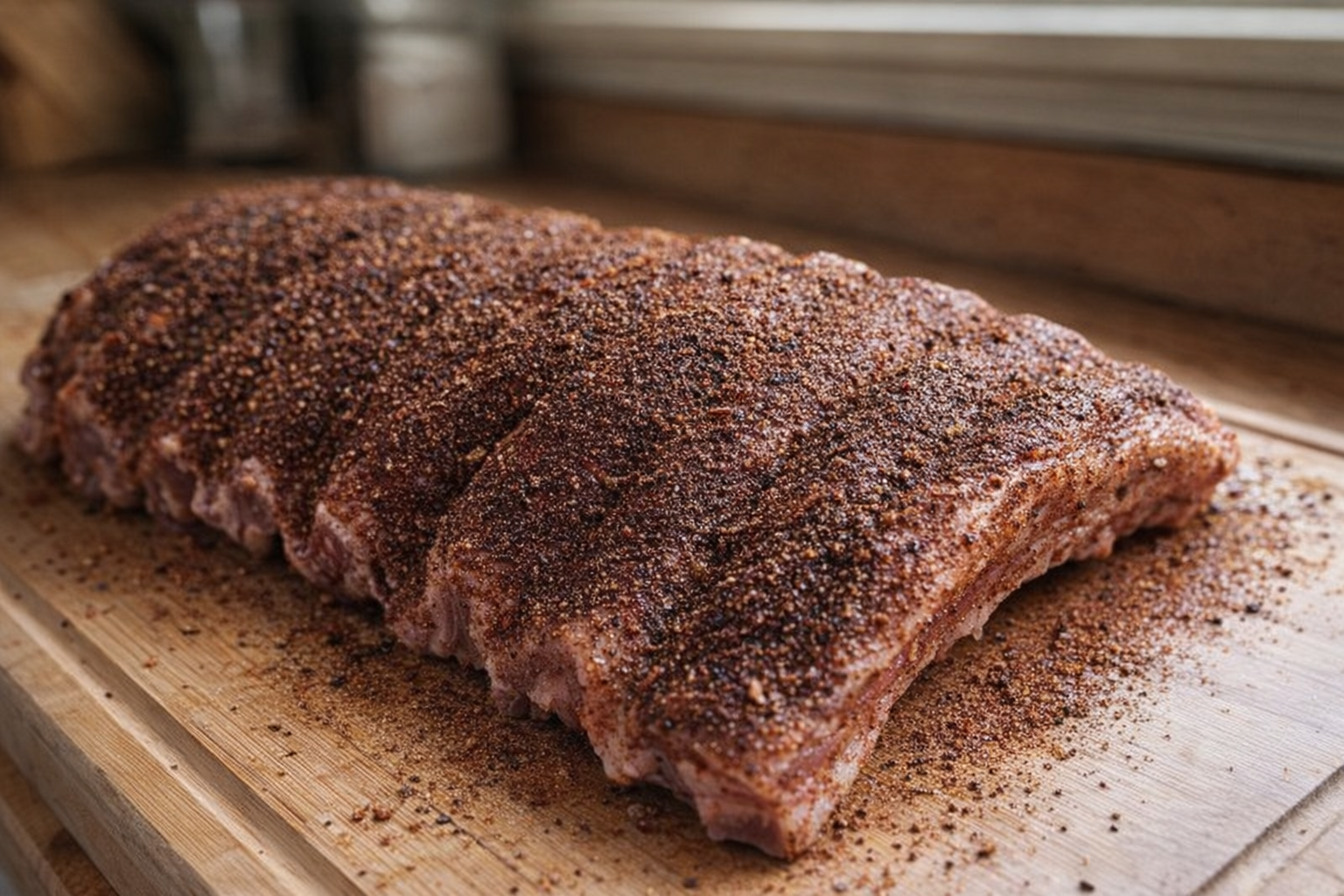 Close-up shot of raw baby back ribs on a cutting board, seasoned with a dark spice rub, ready for grilling